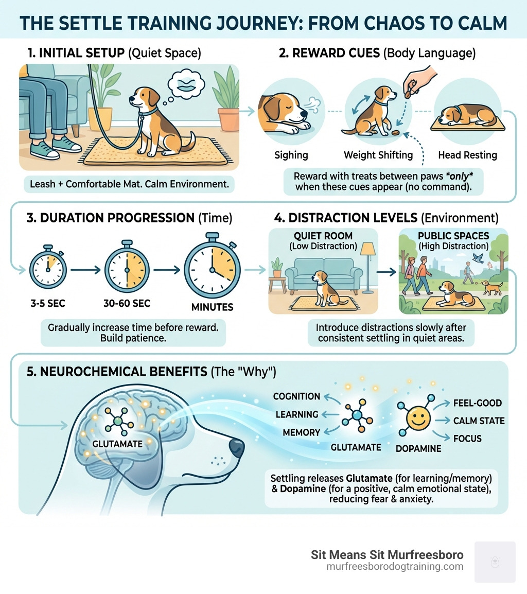 infographic showing the step-by-step process of settle training, including initial setup with leash and mat, body language cues to reward like sighing and weight shifting, duration progression from seconds to minutes, distraction levels from quiet room to public spaces, and the neurochemical benefits of glutamate and dopamine release during settling - Teach dog to settle infographic 