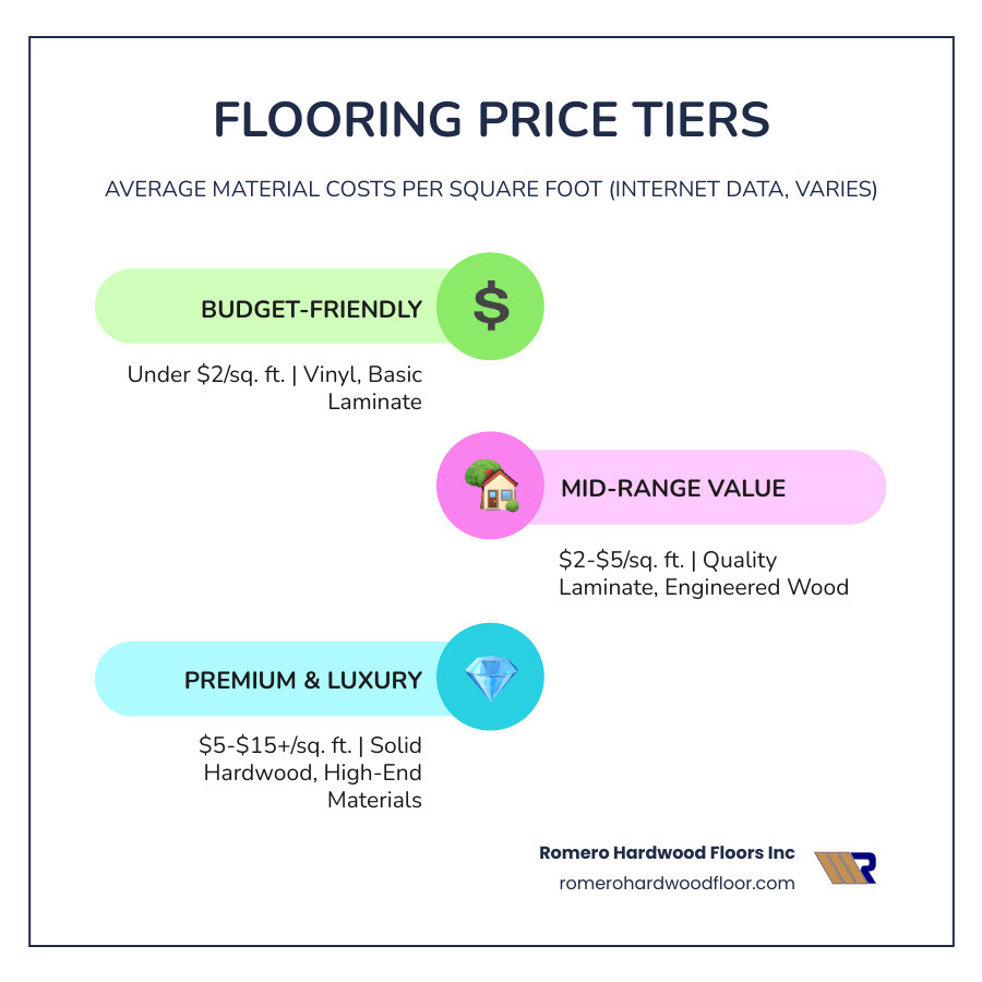 infographic showing flooring price tiers: budget options under $2 per square foot including vinyl and basic laminate, mid-range options $2-5 per square foot including quality laminate and engineered hardwood, premium options $5-15+ per square foot including solid hardwood and high-end materials, with notes that prices are average internet data and vary by location and retailer - cheap flooring near me infographic infographic-line-3-steps-colors