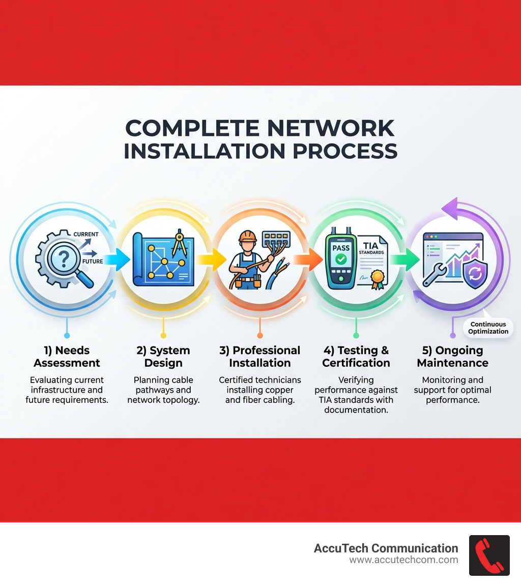Infographic showing the complete network installation process: 1) Needs Assessment - evaluating current infrastructure and future requirements, 2) System Design - planning cable pathways and network topology, 3) Professional Installation - certified technicians installing copper and fiber cabling, 4) Testing & Certification - verifying performance against TIA standards with documentation, 5) Ongoing Maintenance - monitoring and support for optimal performance - network installation MA infographic 