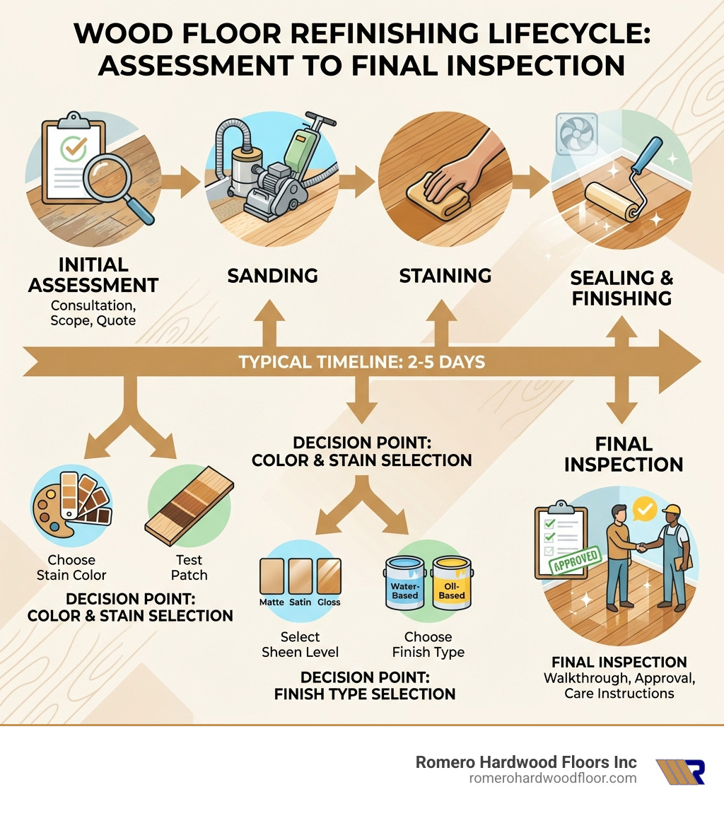 Infographic showing the wood floor refinishing lifecycle from initial assessment through sanding, staining, sealing, and final inspection, with typical timelines of 2-5 days and key decision points for homeowners including finish type selection and color choices - wood floor finishing contractors infographic 