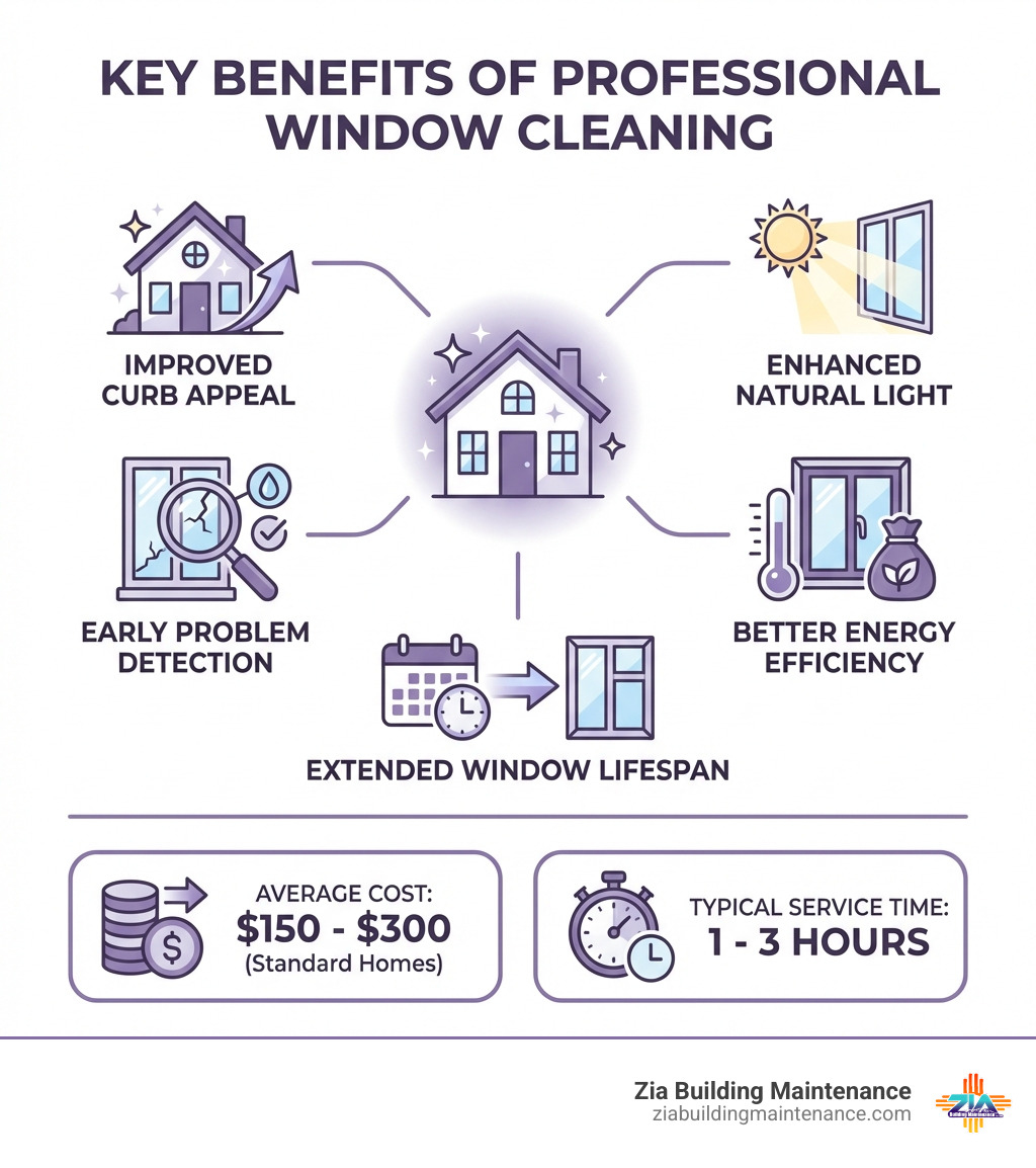 infographic showing the key benefits of professional window cleaning including improved curb appeal, enhanced natural light, early problem detection for leaks and damage, better energy efficiency through maintained seals, and extended window lifespan, with average costs of $150-$300 for standard homes and typical service time of 1-3 hours - residential window washers near me infographic infographic showing the key benefits of professional window cleaning including improved curb appeal, enhanced natural light, early problem detection for leaks and damage, better energy efficiency through maintained seals, and extended window lifespan, with average costs of $150-$300 for standard homes and typical service time of 1-3 hours - residential window washers near me infographic