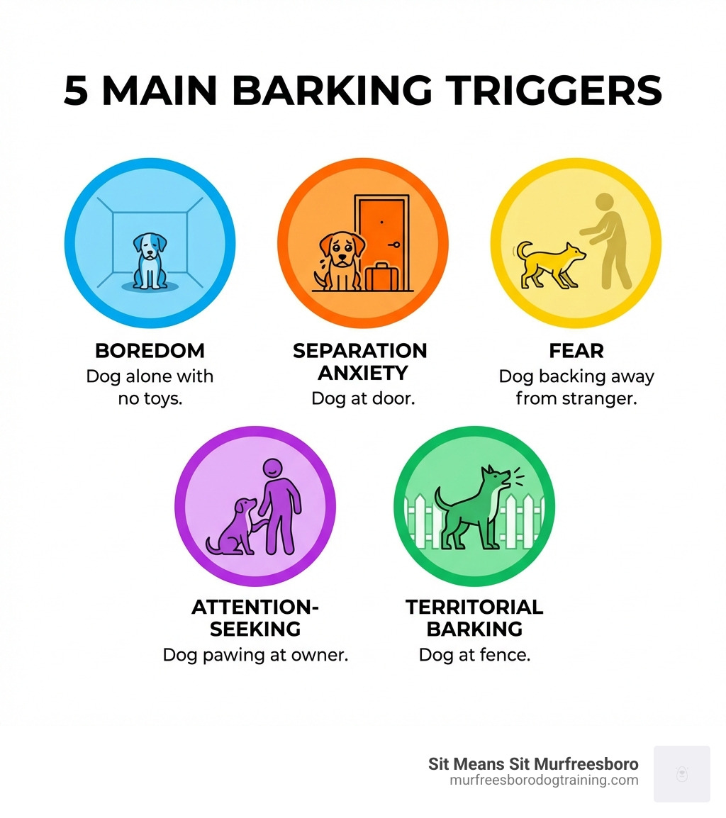 infographic showing 5 main barking triggers: boredom (dog alone with no toys), separation anxiety (dog at door), fear (dog backing away from stranger), attention-seeking (dog pawing at owner), and territorial barking (dog at fence) - Excessive barking solutions infographic infographic showing 5 main barking triggers: boredom (dog alone with no toys), separation anxiety (dog at door), fear (dog backing away from stranger), attention-seeking (dog pawing at owner), and territorial barking (dog at fence) - Excessive barking solutions infographic