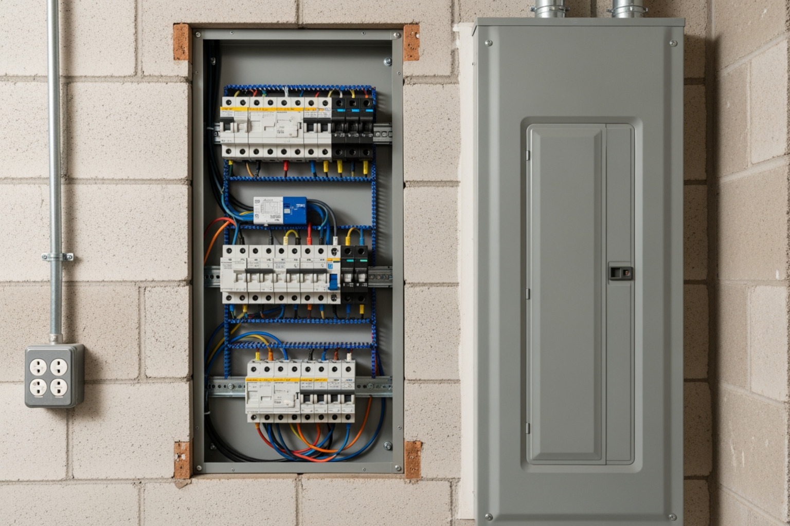 Electrician inspecting an electrical panel with new breakers installed - car charger installation cost Electrician inspecting an electrical panel with new breakers installed - car charger installation cost