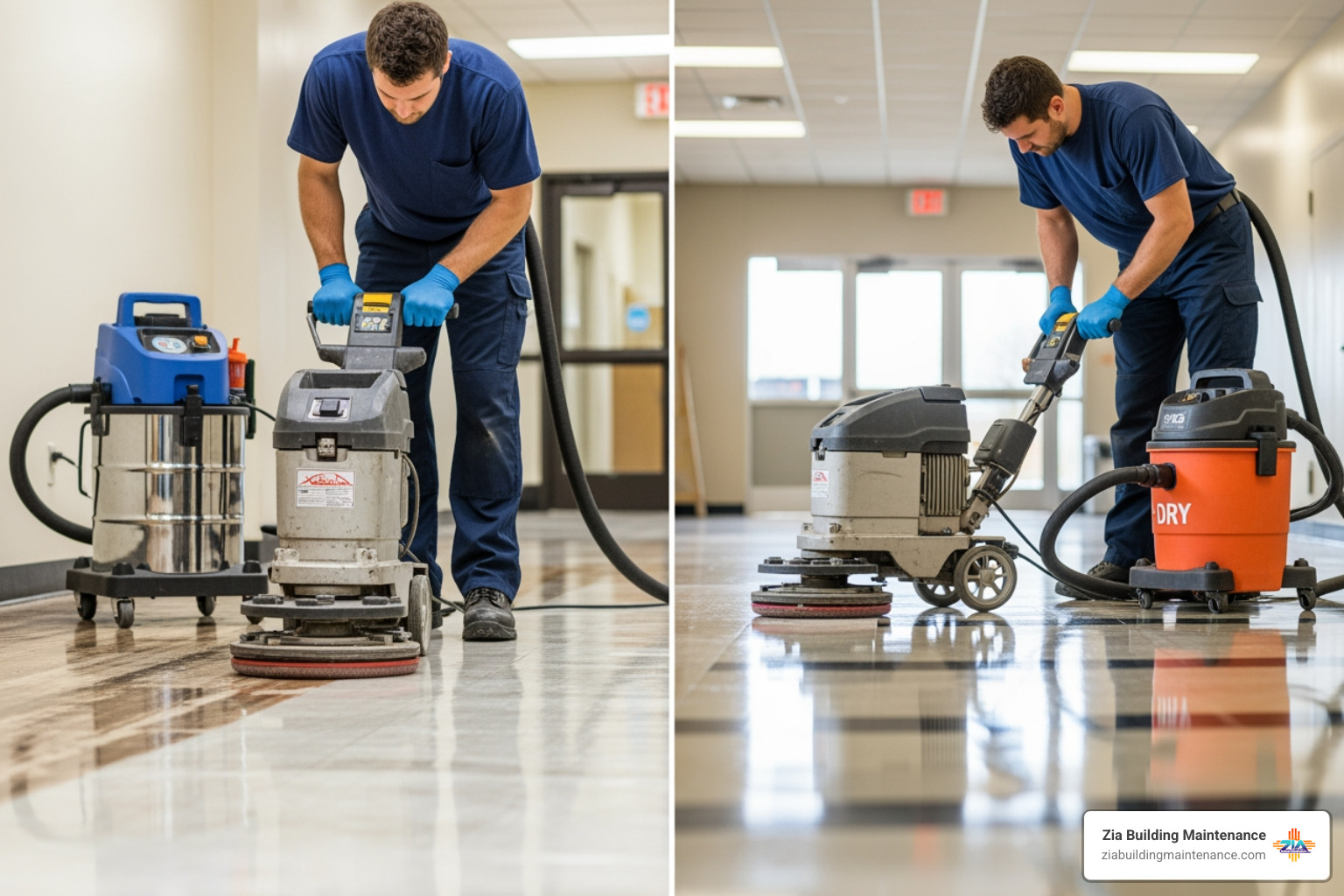 Professional cleaner performing floor stripping and waxing on a commercial VCT floor to restore shine and protection - commercial cleaners near me Professional cleaner performing floor stripping and waxing on a commercial VCT floor to restore shine and protection - commercial cleaners near me