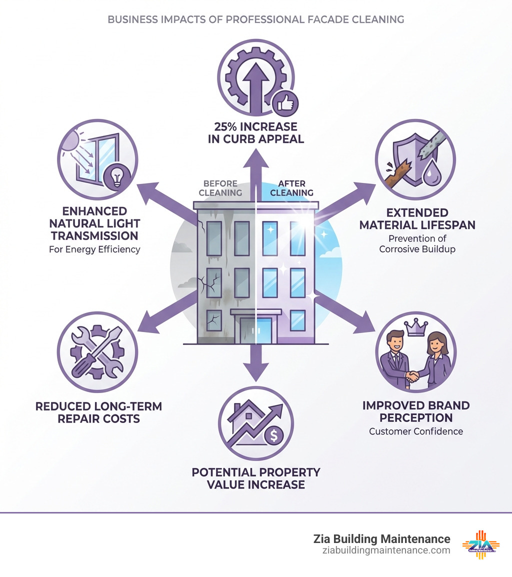 Infographic showing how facade cleaning impacts business: 25% increase in curb appeal, extended building material lifespan through prevention of corrosive buildup, improved brand perception and customer confidence, potential property value increase, reduced long-term repair costs, and enhanced natural light transmission for energy efficiency - facade cleaning companies infographic Infographic showing how facade cleaning impacts business: 25% increase in curb appeal, extended building material lifespan through prevention of corrosive buildup, improved brand perception and customer confidence, potential property value increase, reduced long-term repair costs, and enhanced natural light transmission for energy efficiency - facade cleaning companies infographic