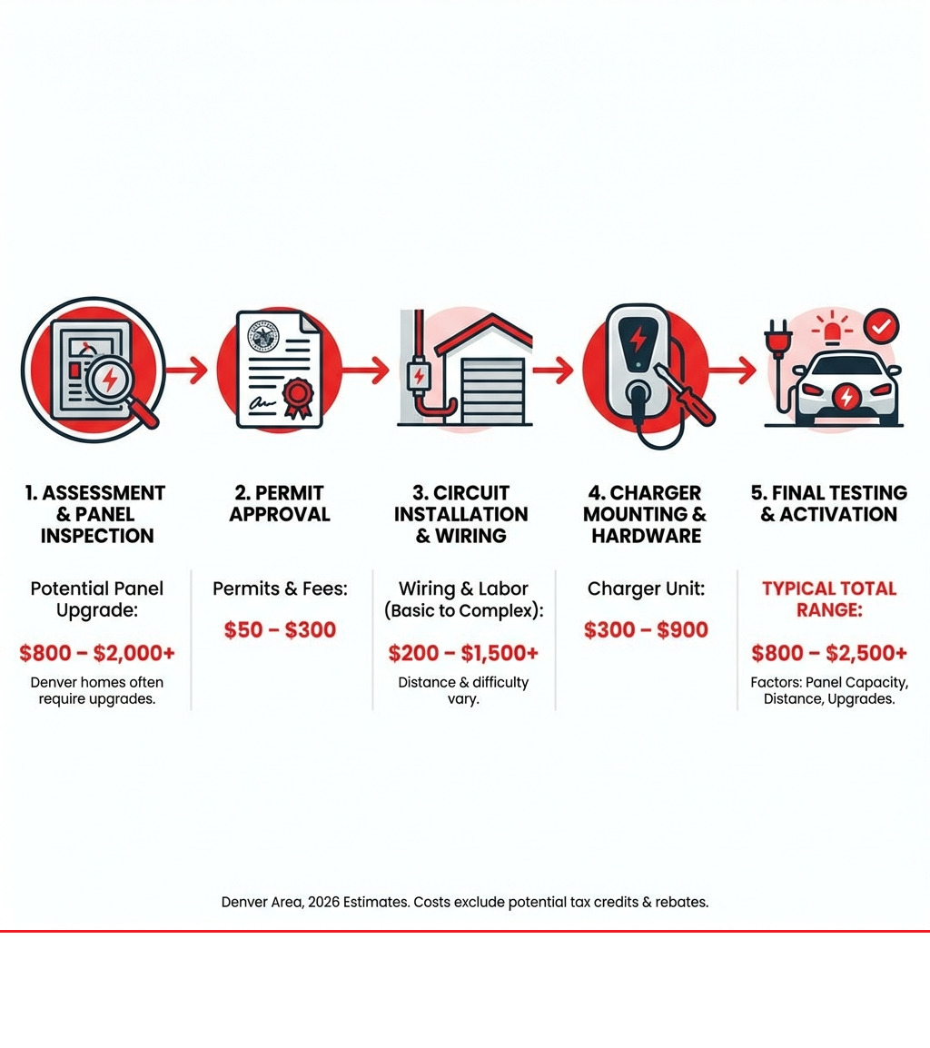 Infographic showing the complete home EV charger installation process from electrical assessment through final testing, with cost ranges for each step including panel inspection, circuit installation, charger mounting, and permit approval in Denver area homes - car charger installation cost infographic Infographic showing the complete home EV charger installation process from electrical assessment through final testing, with cost ranges for each step including panel inspection, circuit installation, charger mounting, and permit approval in Denver area homes - car charger installation cost infographic