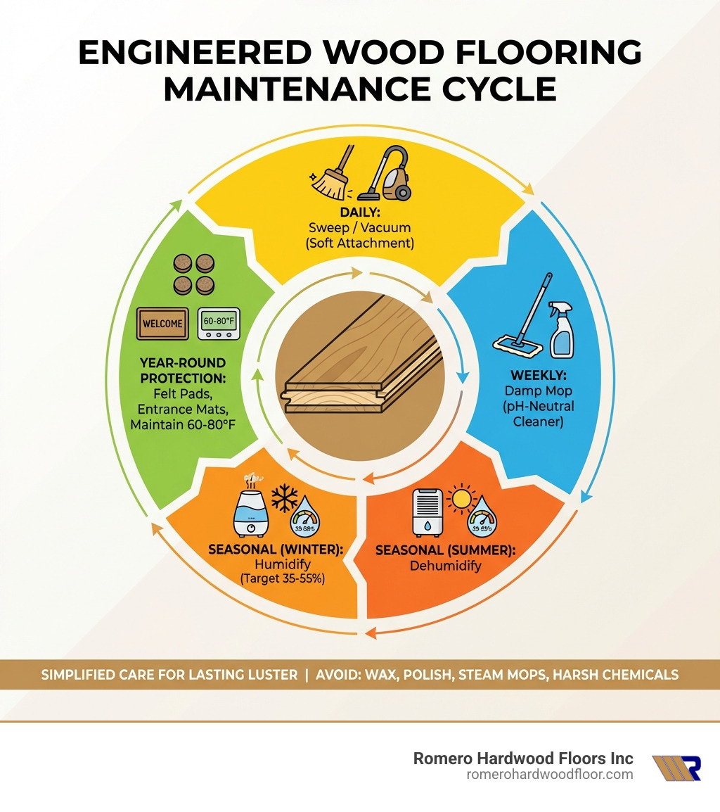 Infographic showing engineered wood flooring maintenance cycle: Daily tasks include sweeping and vacuuming with soft attachments; Weekly tasks include damp mopping with pH-neutral cleaner; Seasonal tasks include adjusting humidity levels with humidifiers in winter (35-55% humidity target) and dehumidifiers in summer; Year-round protection includes felt furniture pads, entrance mats, and maintaining 60-80°F temperature - engineered wood flooring maintenance infographic 