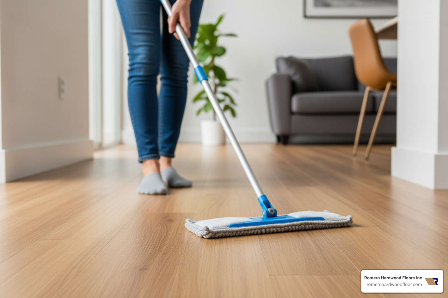 person using a microfiber dust mop on engineered hardwood - engineered wood flooring maintenance