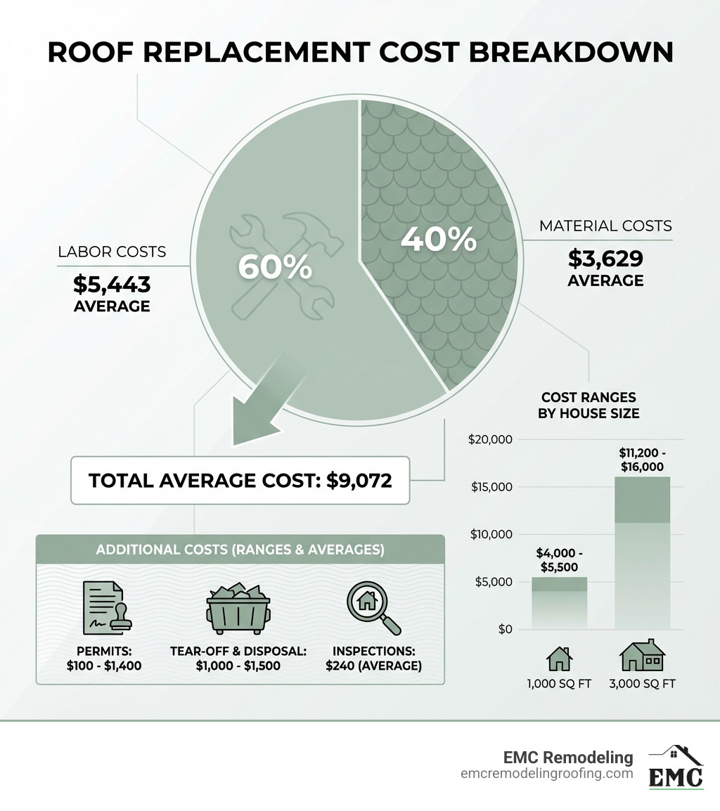 Infographic showing roof replacement cost breakdown: 60% labor costs ($5,443 average), 40% material costs ($3,629 average), total average cost $9,072. Additional costs include permits ($100-$1,400), tear-off and disposal ($1,000-$1,500), and inspections ($240 average). Chart shows cost ranges by house size from 1,000 sq ft ($4,000-$5,500) to 3,000 sq ft ($11,200-$16,000). - cost to rebuild roof infographic 