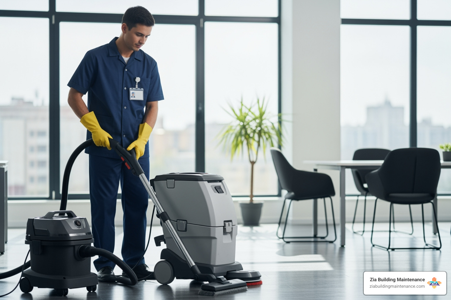 A certified cleaning professional wearing a proper uniform and ID badge, using professional-grade equipment in a modern office setting - licensed janitorial services A certified cleaning professional wearing a proper uniform and ID badge, using professional-grade equipment in a modern office setting - licensed janitorial services