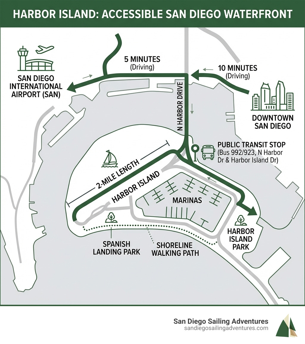 Infographic showing Harbor Island's location between downtown San Diego and the airport, with driving routes from both locations, public transit stops, and key landmarks including Harbor Island Park, Spanish Landing Park, marinas, and the shoreline walking path. Distance markers show 5 minutes from airport, 10 minutes from downtown, and note the 2-mile peninsula length. - harbor island san diego directions infographic 