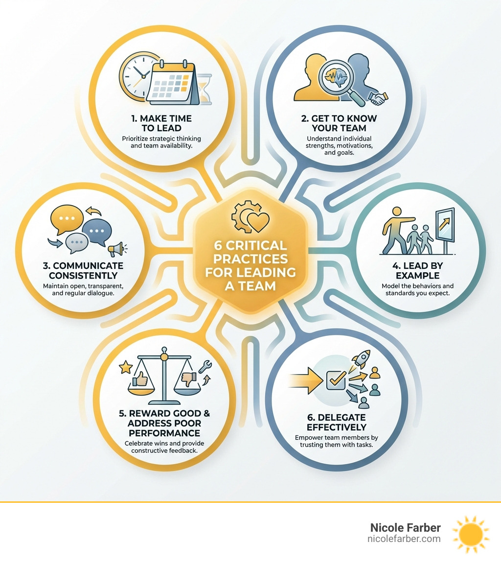 infographic showing the 6 critical practices for leading a team: making time to lead, getting to know your team, communicating consistently, leading by example, rewarding good performance and addressing poor performance, and delegating effectively - how to lead the team infographic 