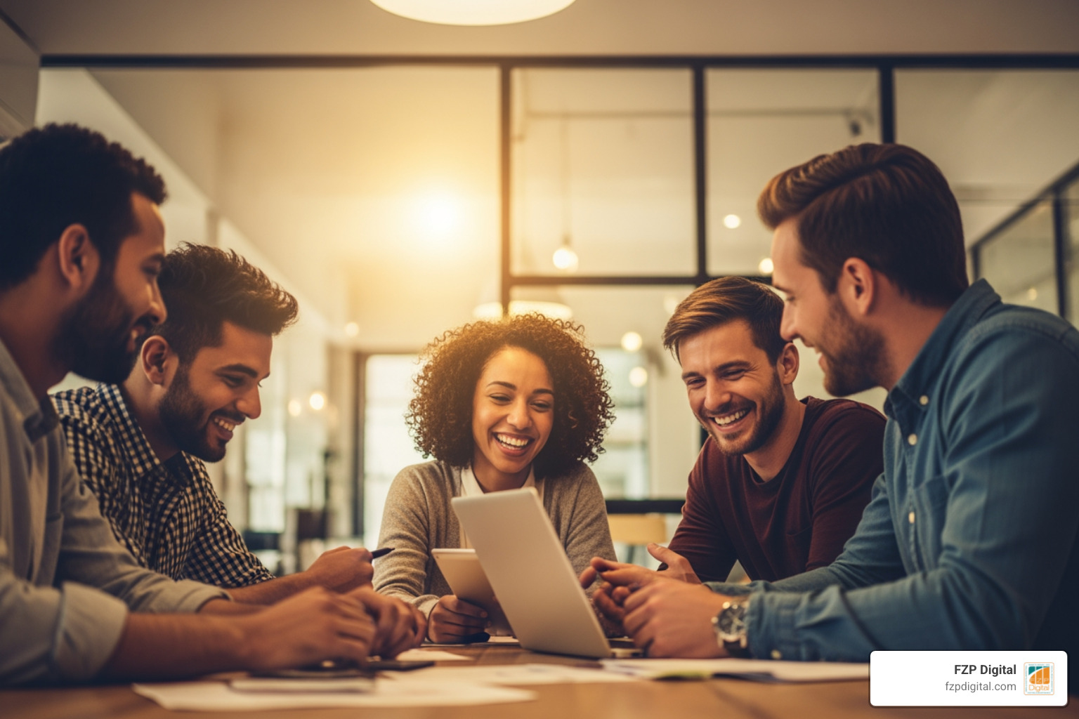 A digital marketing team smiling and collaborating on a strategy in a bright office - seo bristol A digital marketing team smiling and collaborating on a strategy in a bright office - seo bristol