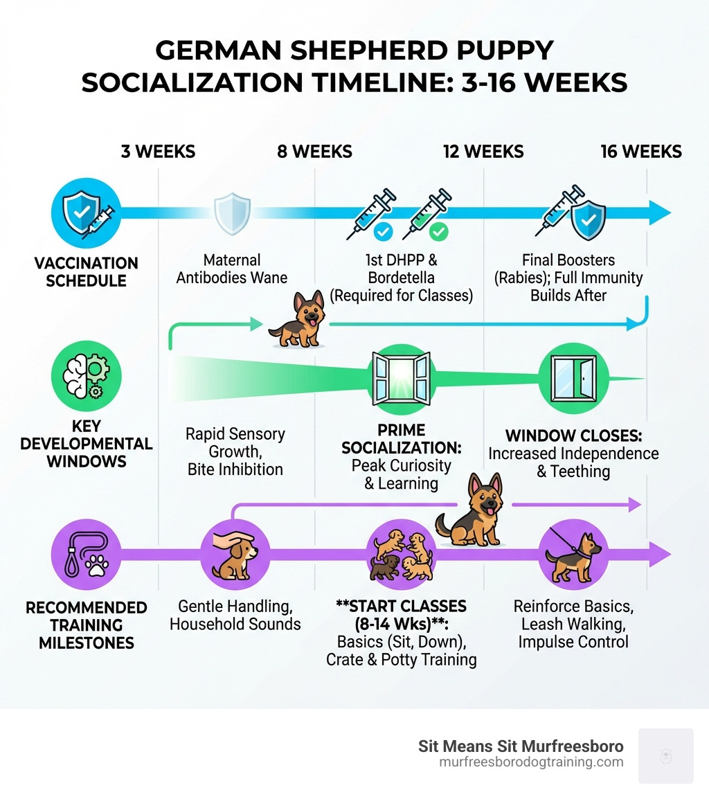 infographic showing puppy socialization timeline from 3-16 weeks, including vaccination schedule, key developmental windows, and recommended training milestones for German Shepherd puppies - german shepherd puppy classes near me infographic 