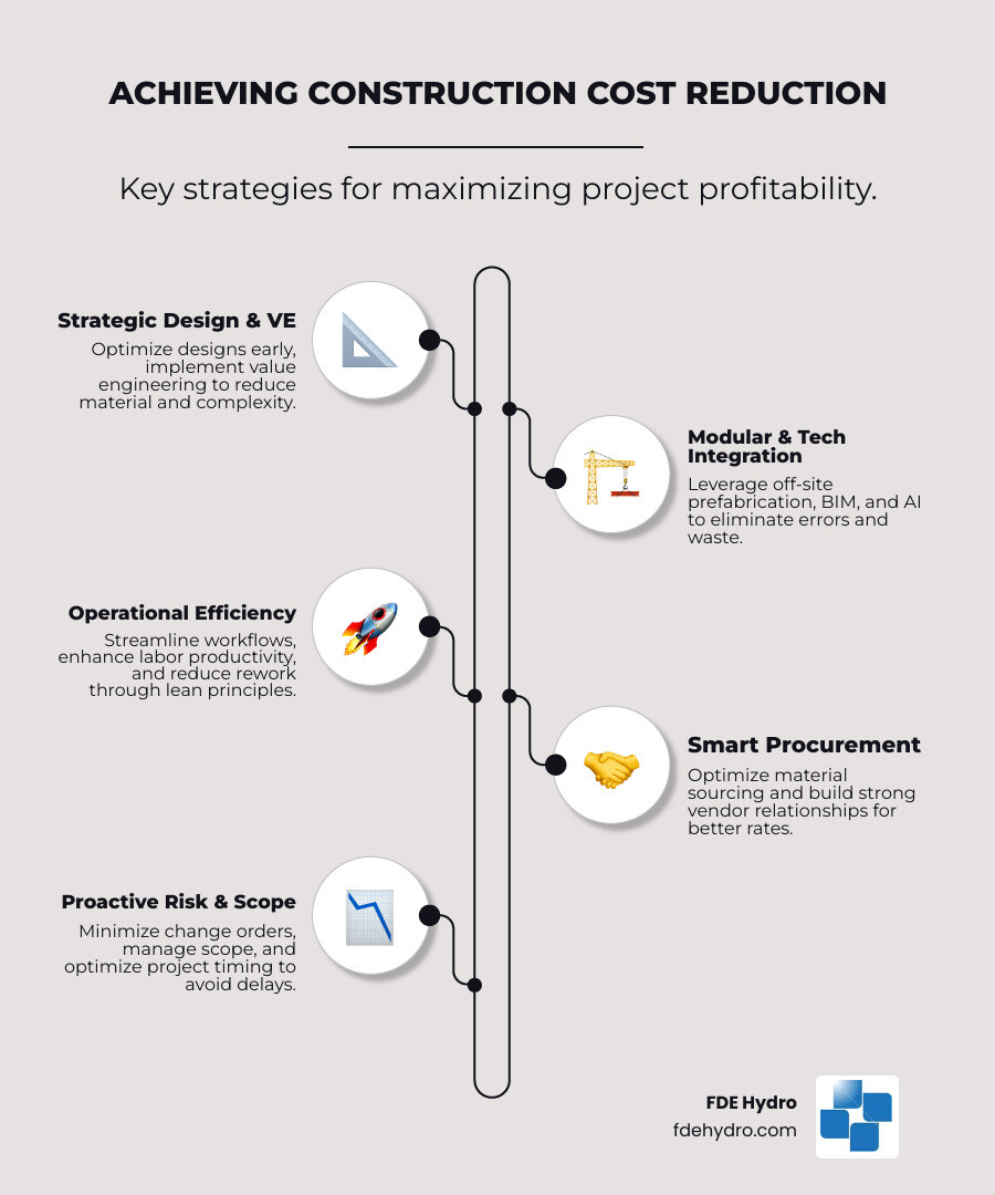 infographic showing 10 key steps for construction cost reduction: 1) Optimize design early 2) Implement value engineering 3) Use modular construction 4) Leverage BIM and AI 5) Streamline workflows 6) Enhance labor productivity 7) Smart procurement 8) Monitor KPIs 9) Minimize change orders 10) Strategic project timing - construction cost reduction infographic infographic-line-5-steps-elegant_beige