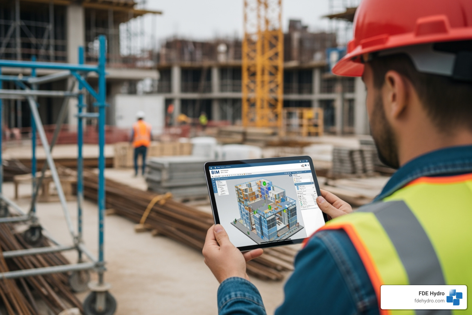 tablet displaying BIM software on a construction site - construction cost reduction