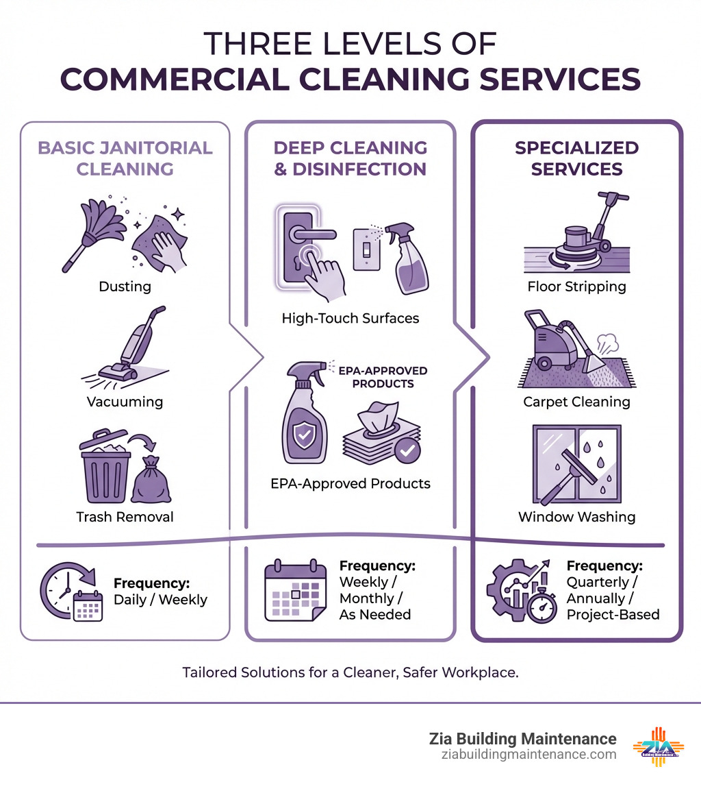 Infographic showing three levels of cleaning services: basic janitorial cleaning including dusting, vacuuming, and trash removal; deep cleaning and disinfection targeting high-touch surfaces with EPA-approved products; and specialized services like floor stripping, carpet cleaning, and window washing, with icons representing each service category and frequency recommendations - commercial cleaning companies infographic Infographic showing three levels of cleaning services: basic janitorial cleaning including dusting, vacuuming, and trash removal; deep cleaning and disinfection targeting high-touch surfaces with EPA-approved products; and specialized services like floor stripping, carpet cleaning, and window washing, with icons representing each service category and frequency recommendations - commercial cleaning companies infographic