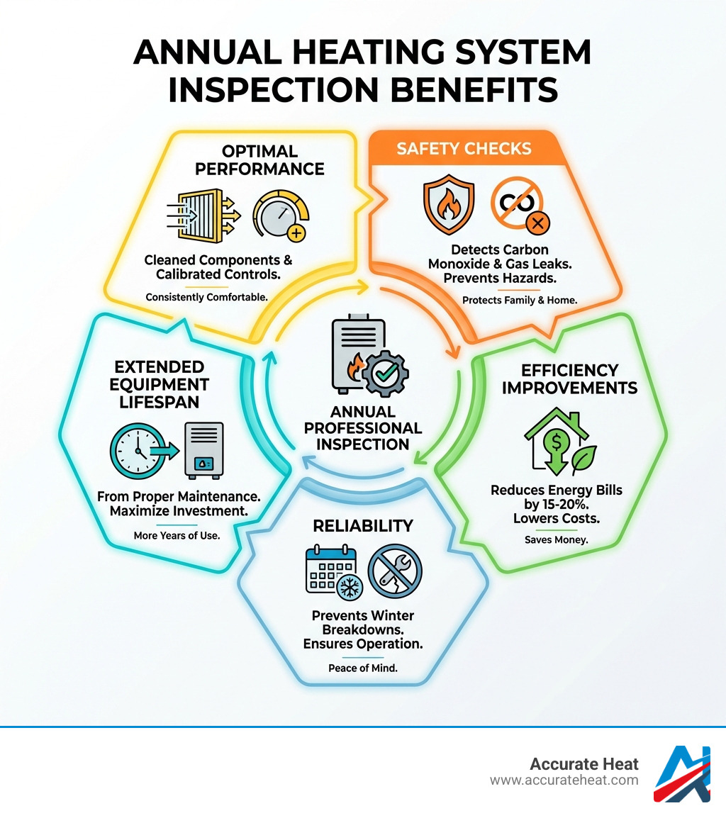infographic showing annual heating inspection benefits including safety checks for carbon monoxide and gas leaks, efficiency improvements reducing energy bills by 15-20%, reliability preventing winter breakdowns, extended equipment lifespan from proper maintenance, and optimal performance through cleaned components and calibrated controls - Heating system inspection infographic infographic showing annual heating inspection benefits including safety checks for carbon monoxide and gas leaks, efficiency improvements reducing energy bills by 15-20%, reliability preventing winter breakdowns, extended equipment lifespan from proper maintenance, and optimal performance through cleaned components and calibrated controls - Heating system inspection infographic