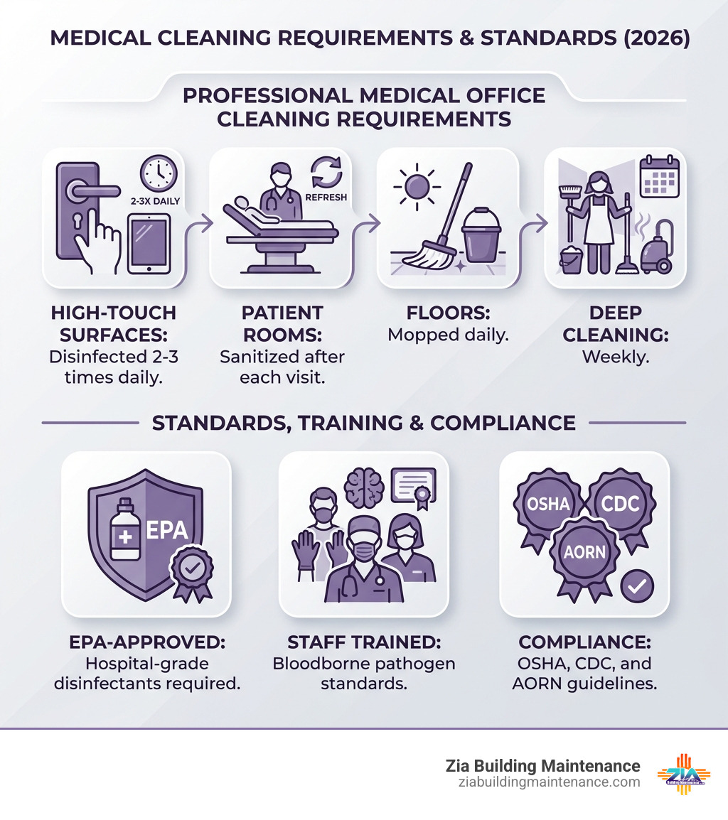 infographic showing medical cleaning requirements: high-touch surfaces disinfected 2-3 times daily, patient rooms sanitized after each visit, floors mopped daily, deep cleaning weekly, EPA-approved hospital-grade disinfectants required, staff trained in bloodborne pathogen standards, compliance with OSHA CDC and AORN guidelines - professional medical office cleaning infographic infographic showing medical cleaning requirements: high-touch surfaces disinfected 2-3 times daily, patient rooms sanitized after each visit, floors mopped daily, deep cleaning weekly, EPA-approved hospital-grade disinfectants required, staff trained in bloodborne pathogen standards, compliance with OSHA CDC and AORN guidelines - professional medical office cleaning infographic