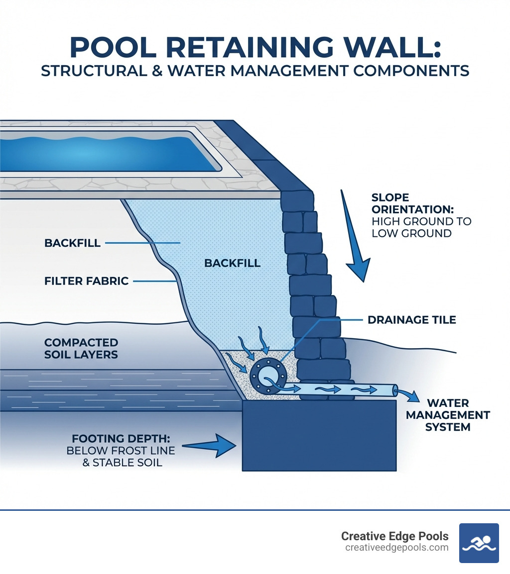 detailed infographic showing cross-section of pool retaining wall with labeled components including footing depth, drainage tile, backfill, filter fabric, compacted soil layers, and water management system - retaining wall for pool infographic detailed infographic showing cross-section of pool retaining wall with labeled components including footing depth, drainage tile, backfill, filter fabric, compacted soil layers, and water management system - retaining wall for pool infographic