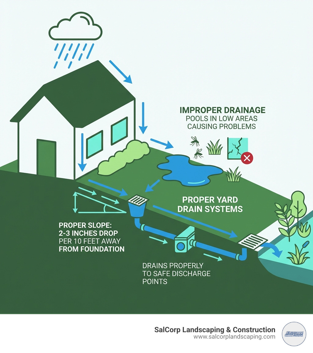 infographic showing residential water runoff cycle: rain falls on roof and yard, flows downhill following gravity, either pools in low areas causing problems or drains properly through yard drain systems to safe discharge points like street drains or natural areas, with proper slope of 2-3 inches per 10 feet away from foundation - yard drains infographic 