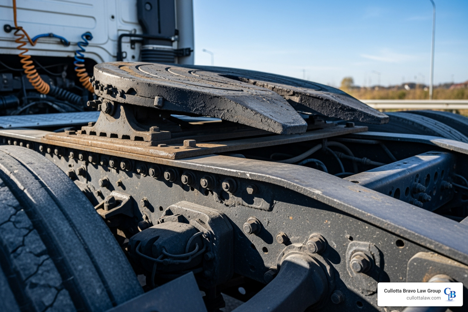 tractor trailer articulation point showing the cab and trailer pivot - Jackknife truck accident lawyer
