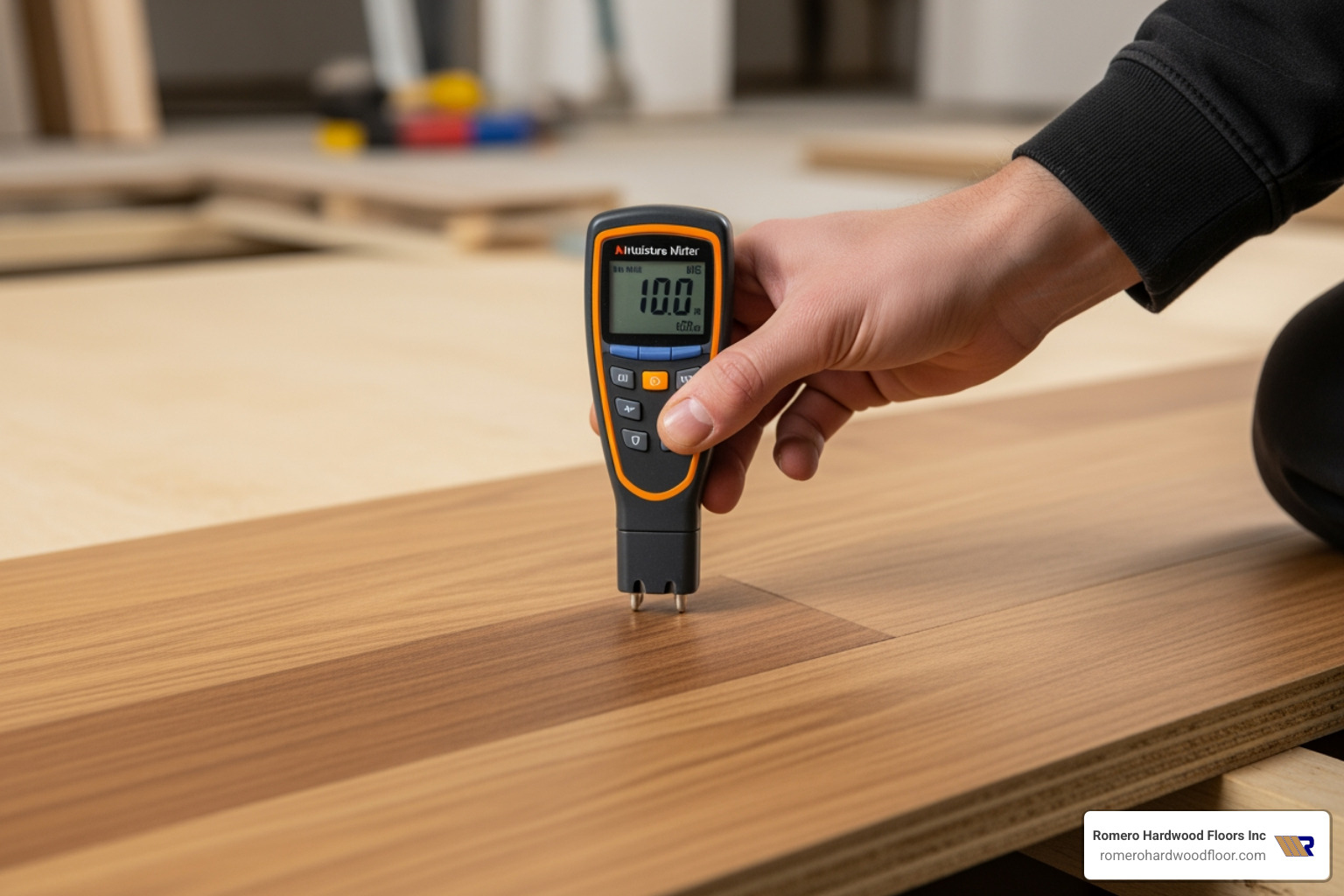 Technician using a moisture meter to test subfloor humidity levels before starting the hardwood flooring installation process - Hardwood flooring installation process