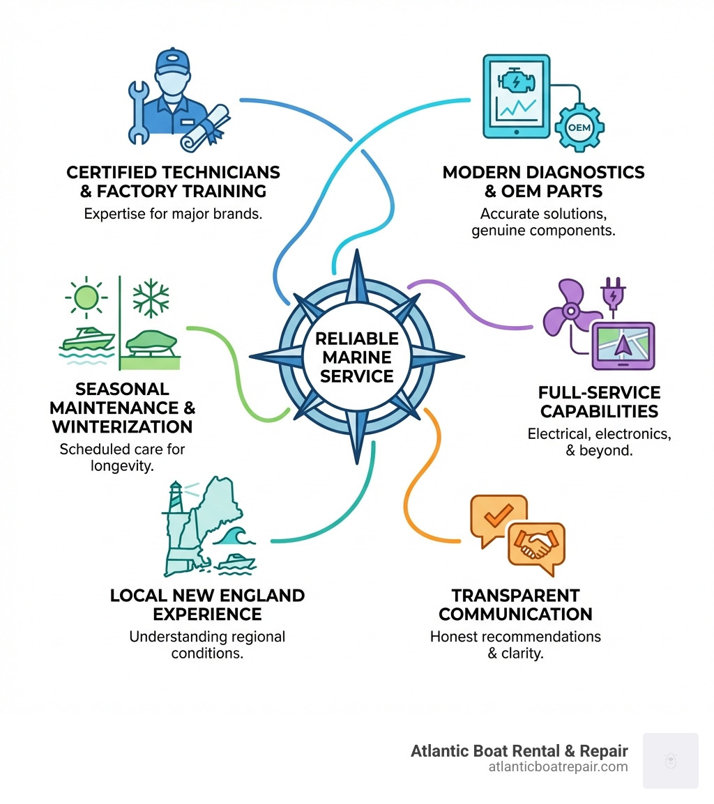 Infographic showing core elements of reliable marine service: certified technicians with factory training, modern diagnostic equipment and OEM parts, scheduled seasonal maintenance and winterization, full-service capabilities including electrical and electronics, local experience with New England conditions, and transparent communication with honest recommendations - Reliable marine service infographic 