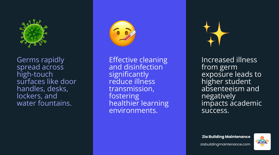 infographic showing how germs spread in schools through high-touch surfaces like lockers, door handles, desks, and water fountains, with statistics on student absenteeism and the effectiveness of regular cleaning and disinfection - High school cleaning infographic 3_facts_emoji_blue infographic showing how germs spread in schools through high-touch surfaces like lockers, door handles, desks, and water fountains, with statistics on student absenteeism and the effectiveness of regular cleaning and disinfection - High school cleaning infographic 3_facts_emoji_blue