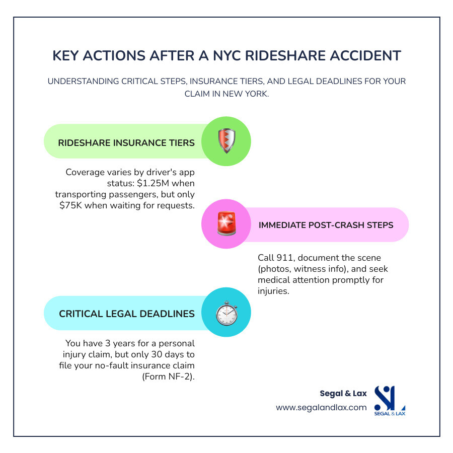 infographic showing rideshare accident insurance coverage tiers in New York based on driver app status, immediate steps after a crash including calling 911 and documenting the scene, and the 30-day deadline for no-fault claims - rideshare accident lawyer New York infographic infographic-line-3-steps-colors infographic showing rideshare accident insurance coverage tiers in New York based on driver app status, immediate steps after a crash including calling 911 and documenting the scene, and the 30-day deadline for no-fault claims - rideshare accident lawyer New York infographic infographic-line-3-steps-colors