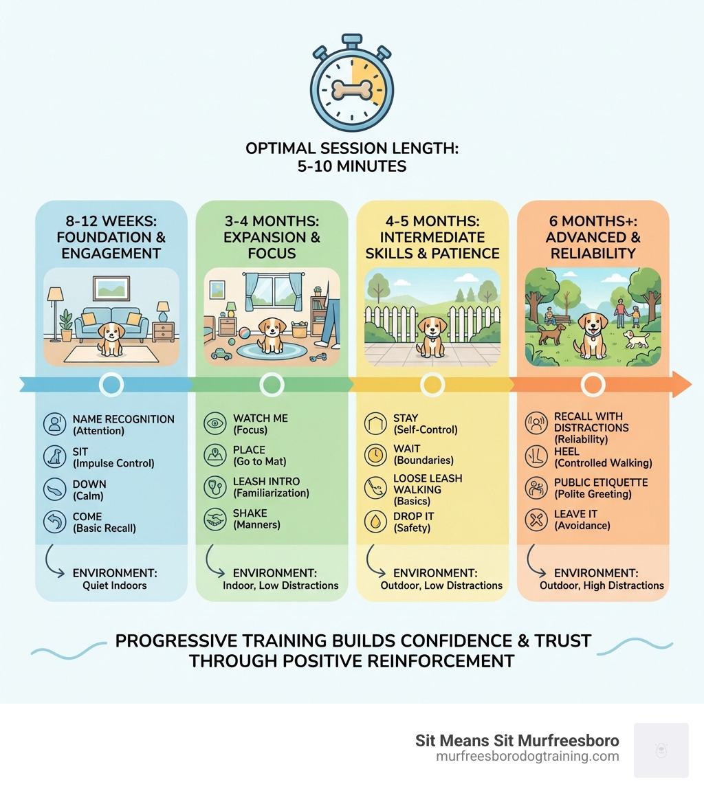 infographic showing puppy training timeline from 8 weeks through 6 months, including optimal session length of 5-10 minutes, key commands to introduce at each stage, and progression from quiet indoor environments to outdoor distractions - basic tricks to teach your puppy infographic 