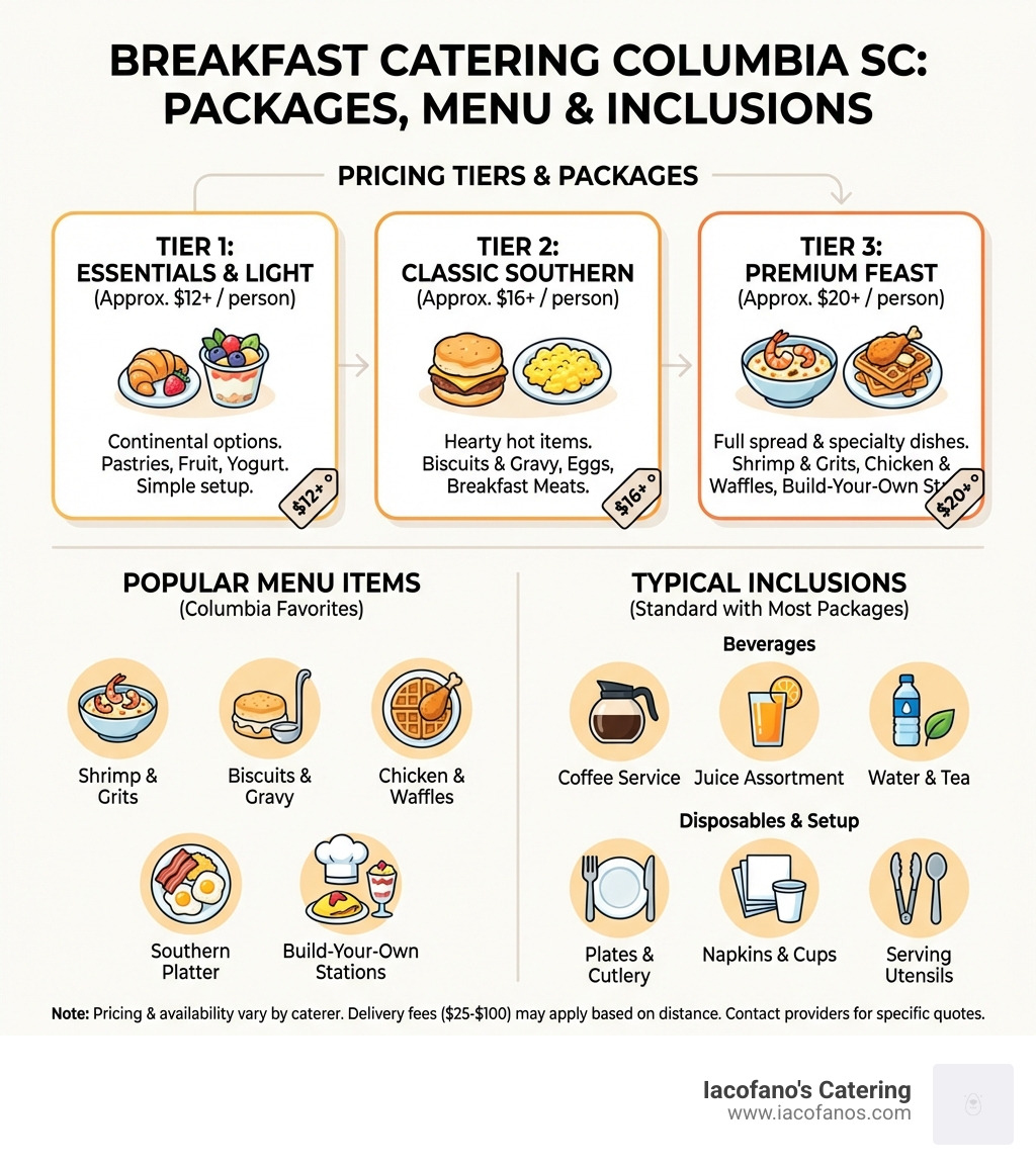 infographic showing breakdown of breakfast catering packages, pricing tiers, popular menu items, and typical inclusions like beverages and disposables - breakfast catering columbia sc infographic infographic showing breakdown of breakfast catering packages, pricing tiers, popular menu items, and typical inclusions like beverages and disposables - breakfast catering columbia sc infographic