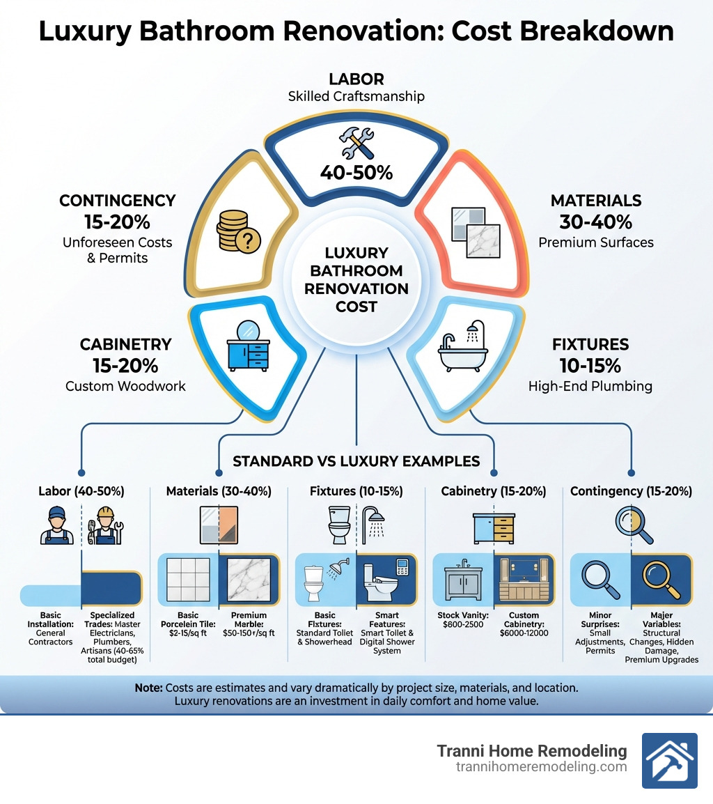 infographic showing cost breakdown of luxury bathroom renovation including materials (30-40%), labor (40-50%), fixtures (10-15%), cabinetry (15-20%), and contingency (15-20%), with examples of standard vs luxury features like basic porcelain tile at $5-15/sq ft versus marble at $50-150+/sq ft, stock vanity at $800-2500 versus custom cabinetry at $6000-12000, and basic fixtures versus smart toilets and digital showers - cost of luxury bathroom infographic infographic showing cost breakdown of luxury bathroom renovation including materials (30-40%), labor (40-50%), fixtures (10-15%), cabinetry (15-20%), and contingency (15-20%), with examples of standard vs luxury features like basic porcelain tile at $5-15/sq ft versus marble at $50-150+/sq ft, stock vanity at $800-2500 versus custom cabinetry at $6000-12000, and basic fixtures versus smart toilets and digital showers - cost of luxury bathroom infographic