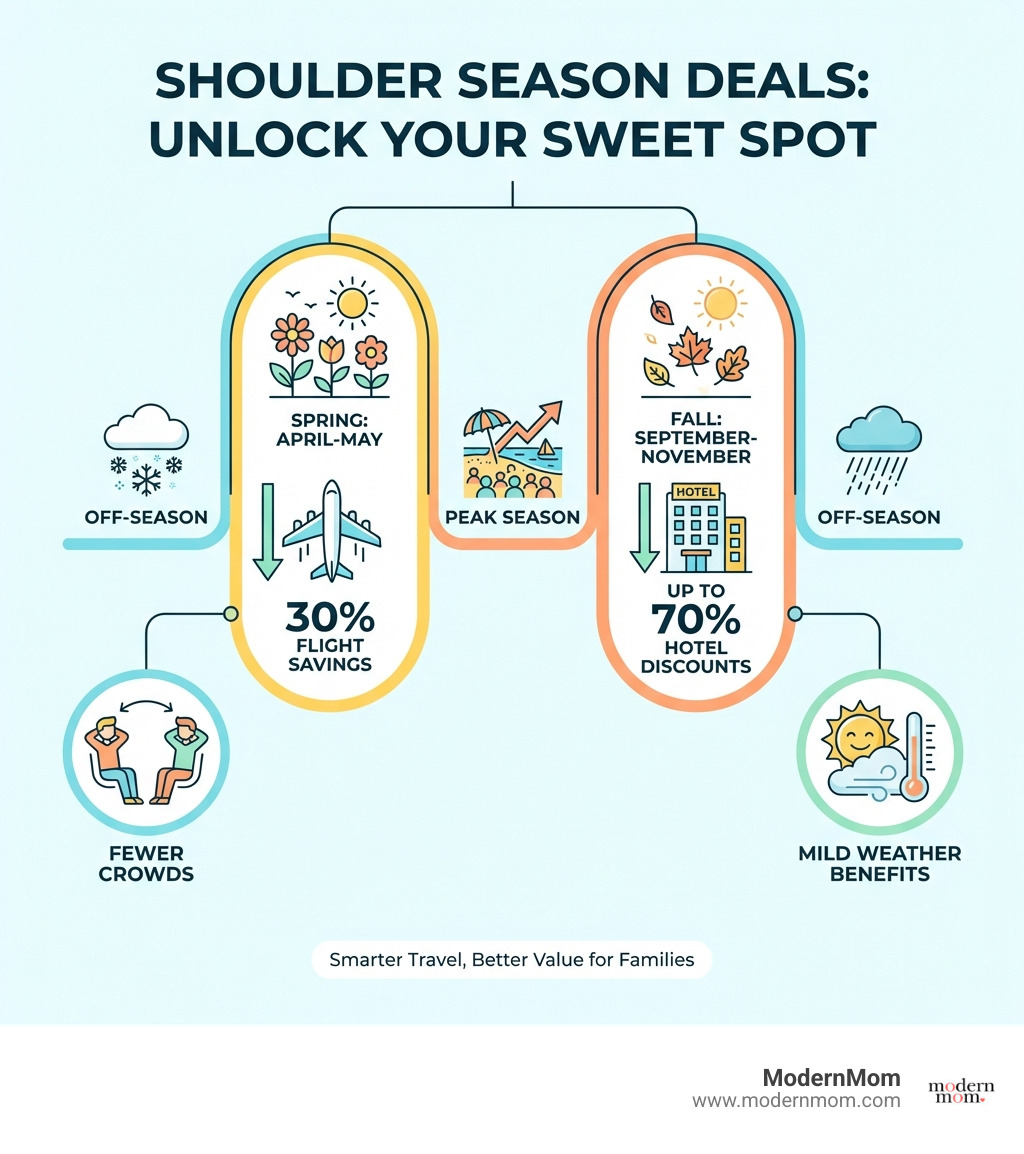 infographic showing shoulder season timing across different destinations with price drops: spring April-May and fall September-November highlighted, with visual representation of 30% flight savings and up to 70% hotel discounts, plus icons showing fewer crowds and mild weather benefits - Shoulder season deals infographic 