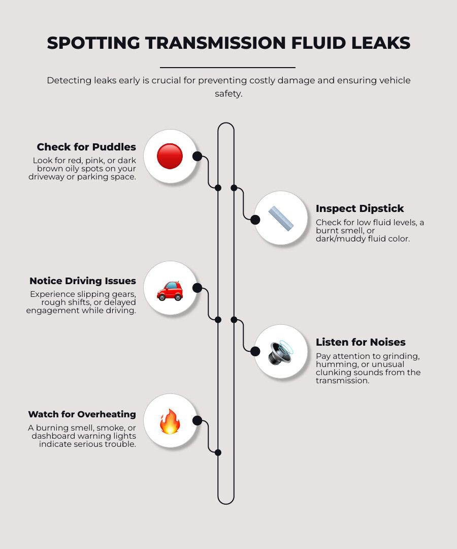 Infographic showing the common signs of transmission fluid leaking including puddle colors (bright red for fresh fluid, dark brown for old fluid), dashboard warning lights, mechanical symptoms like slipping gears and rough shifts, unusual grinding noises, and burning smells indicating overheating transmission - transmission fluid leaking infographic infographic-line-5-steps-elegant_beige
