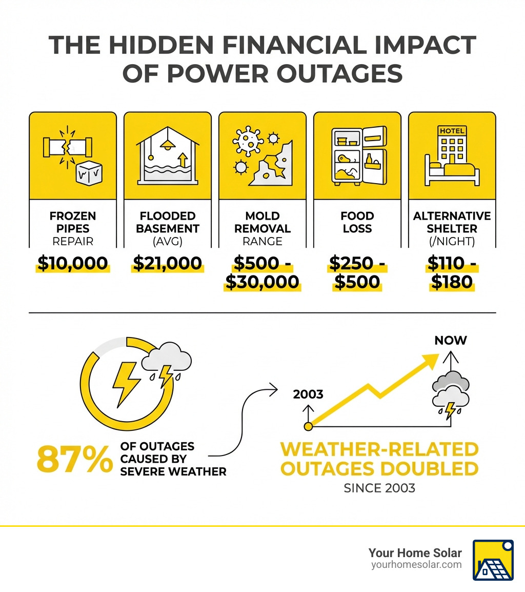 Infographic showing the financial impact of power outages: frozen pipes cost $10,000 to repair, flooded basements average $21,000, mold removal ranges from $500 to $30,000, food loss runs $250-$500, and alternative shelter costs $110-$180 per night, with 87% of outages caused by severe weather and weather-related outages doubling since 2003 - emergency home power infographic Infographic showing the financial impact of power outages: frozen pipes cost $10,000 to repair, flooded basements average $21,000, mold removal ranges from $500 to $30,000, food loss runs $250-$500, and alternative shelter costs $110-$180 per night, with 87% of outages caused by severe weather and weather-related outages doubling since 2003 - emergency home power infographic