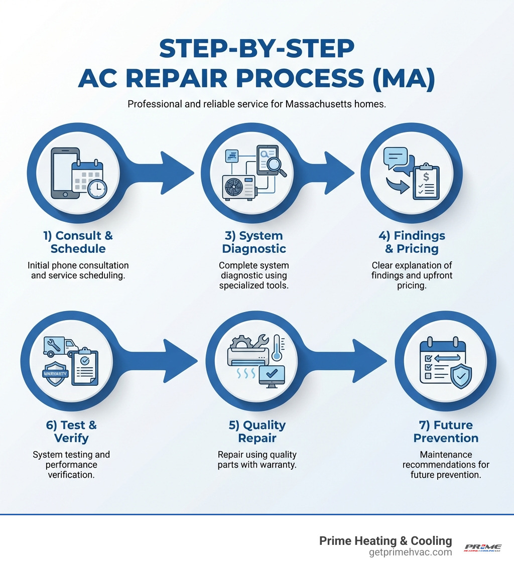 Infographic showing the step-by-step AC repair process: 1) Initial phone consultation and service scheduling, 2) Technician arrival with fully stocked truck, 3) Complete system diagnostic using specialized tools, 4) Clear explanation of findings and upfront pricing, 5) Repair using quality parts with warranty, 6) System testing and performance verification, 7) Maintenance recommendations for future prevention - Air conditioning repair MA infographic 