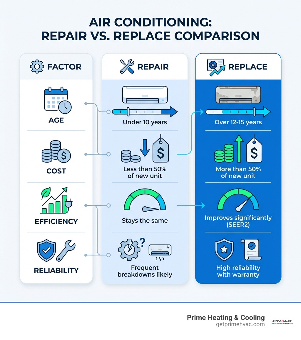 Table comparing repair vs replace. Columns: Factor, Repair, Replace. Row 1: Age, Under 10 years, Over 12-15 years. Row 2: Cost, Less than 50% of new unit, More than 50% of new unit. Row 3: Efficiency, Stays the same, Improves significantly (SEER2). Row 4: Reliability, Frequent breakdowns likely, High reliability with warranty. - Air conditioning repair MA infographic 