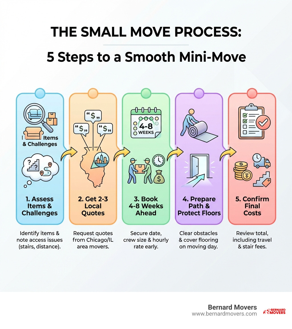 infographic showing the small move process: 1) identify items to move and access challenges like stairs or distance, 2) get quotes from 2-3 local movers in Chicago or Illinois area, 3) book 4-8 weeks ahead with confirmed crew size and hourly rate, 4) prepare a clear path and protect floors on moving day, 5) confirm final costs including any travel time or stair fees - movers for small jobs near me infographic 