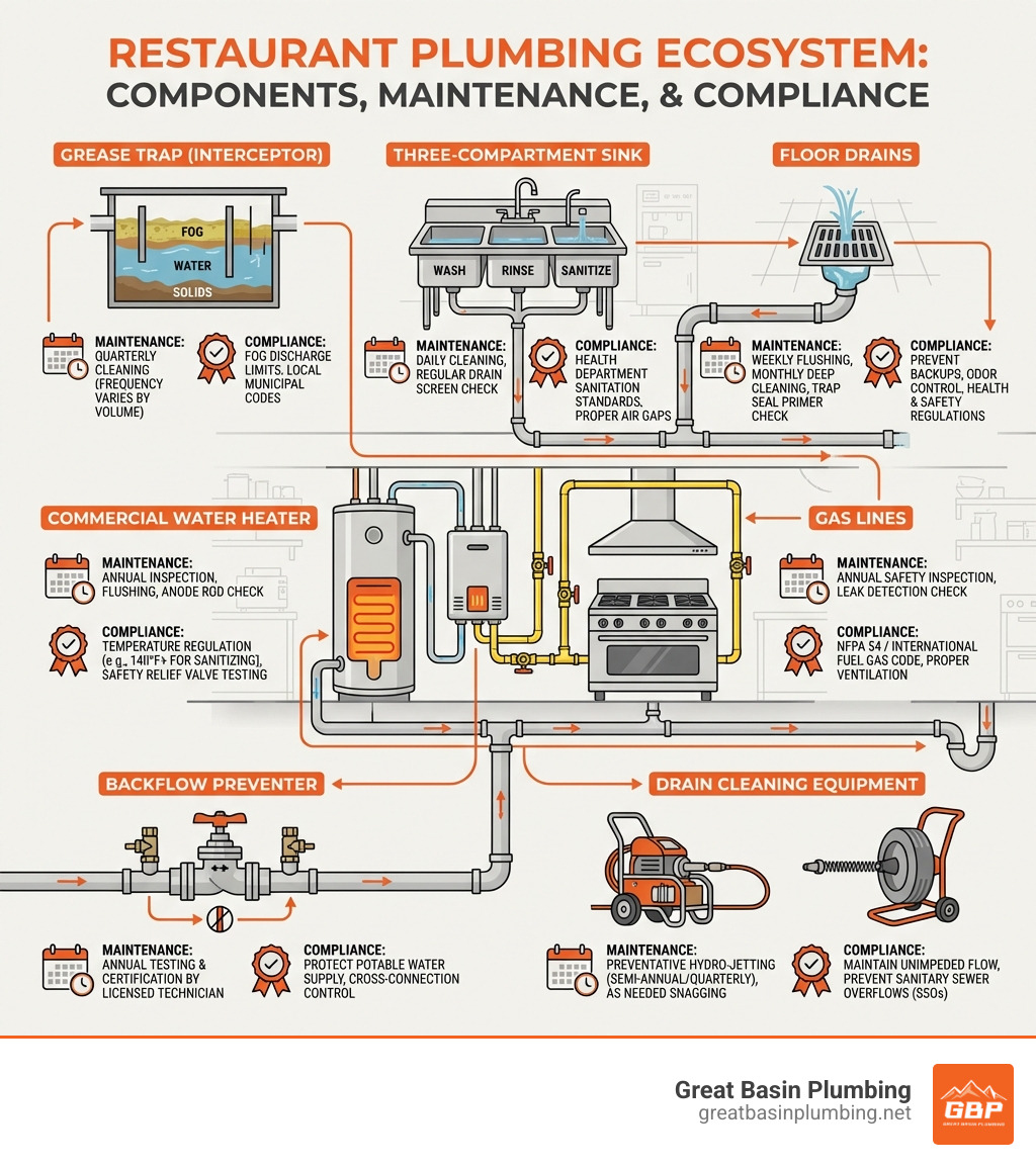 infographic showing restaurant plumbing system components including grease traps, three-compartment sinks, floor drains, commercial water heaters, gas lines, backflow preventers, and drain cleaning equipment with maintenance schedules and compliance requirements - restaurant plumbing service infographic infographic showing restaurant plumbing system components including grease traps, three-compartment sinks, floor drains, commercial water heaters, gas lines, backflow preventers, and drain cleaning equipment with maintenance schedules and compliance requirements - restaurant plumbing service infographic