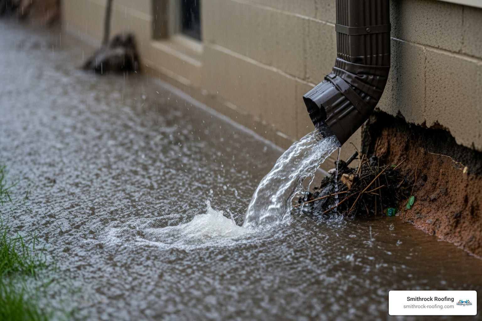 Water pooling near a home foundation due to a disconnected downspout - Gutter downspout repair