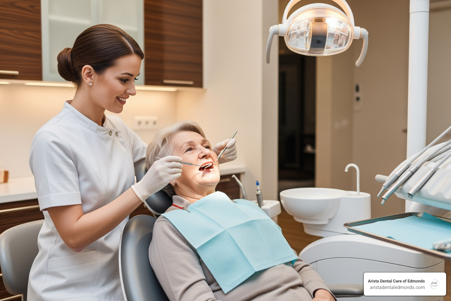 Dental hygienist assisting an older woman during a dental check-up, emphasizing elderly dental care and oral health management at Arista Dental Care of Edmonds.