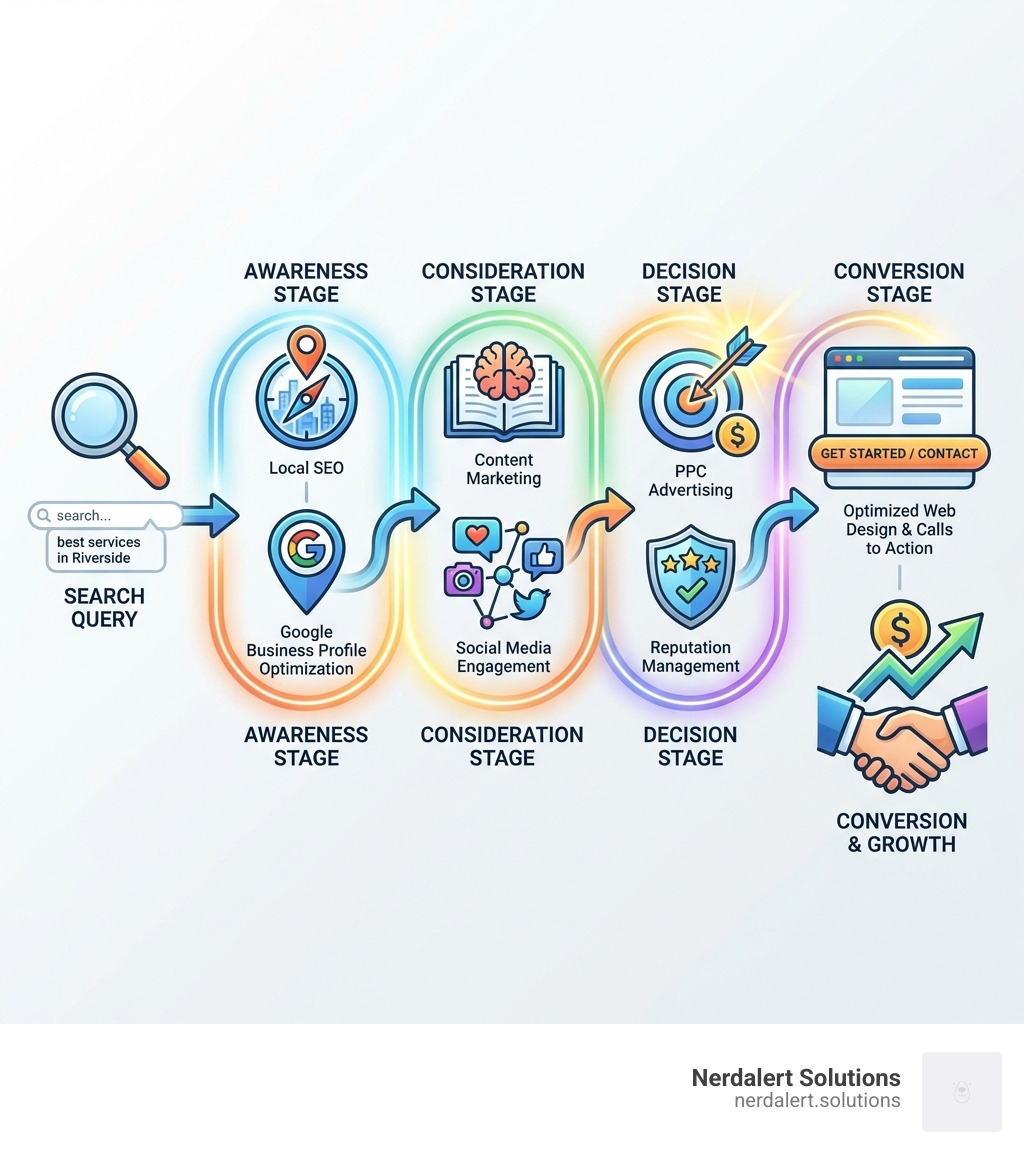 infographic showing the customer journey from search query to conversion for riverside businesses, including awareness stage with local SEO and Google Business Profile optimization, consideration stage with content marketing and social media engagement, decision stage with PPC advertising and reputation management, and conversion stage with optimized web design and calls to action - riverside digital marketing infographic 
