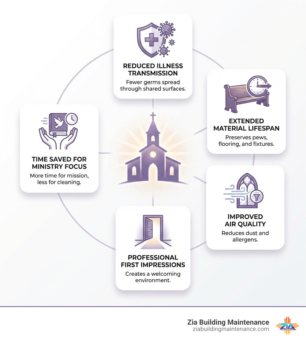 infographic showing church cleaning service benefits including reduced illness transmission, extended material lifespan, improved air quality, professional first impressions, and time saved for ministry focus - church cleaning services near me infographic infographic showing church cleaning service benefits including reduced illness transmission, extended material lifespan, improved air quality, professional first impressions, and time saved for ministry focus - church cleaning services near me infographic