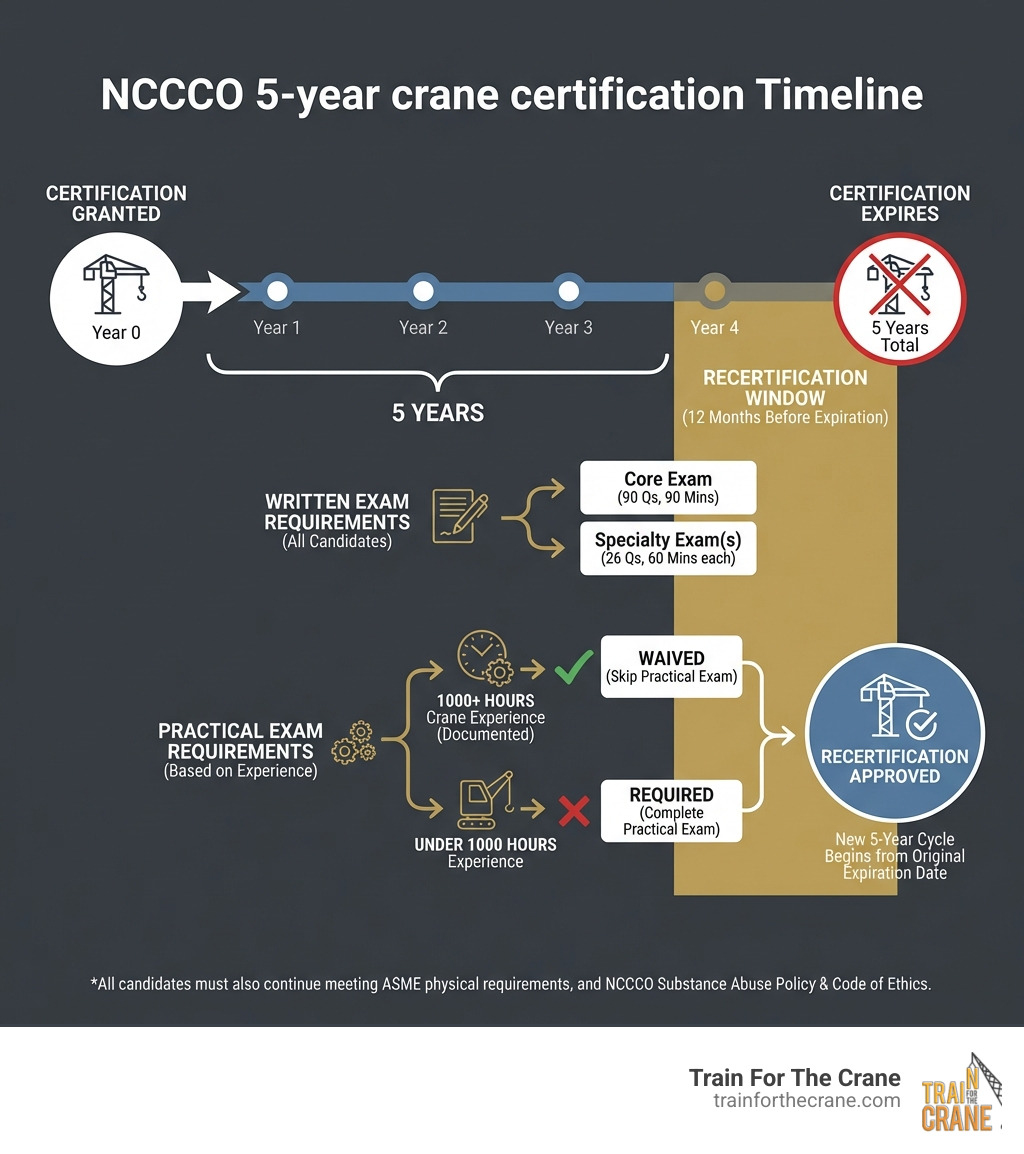 infographic showing NCCCO 5-year certification timeline with 12-month recertification window before expiration, including key milestones for written exam eligibility and practical exam requirements - nccco org recertification infographic 