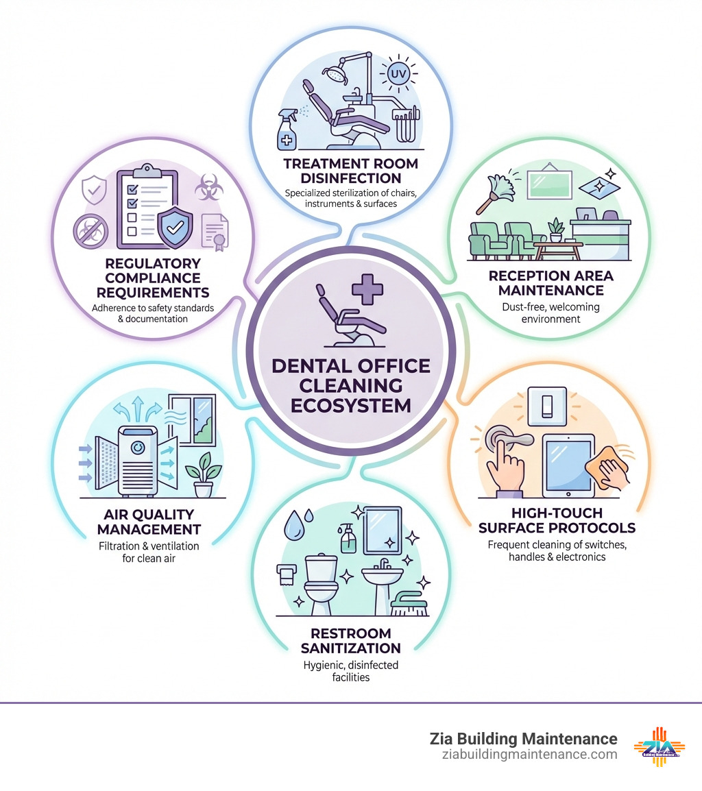 infographic showing the dental office cleaning ecosystem including treatment room disinfection, reception area maintenance, restroom sanitization, high-touch surface protocols, air quality management, and regulatory compliance requirements - dentist office cleaning services infographic infographic showing the dental office cleaning ecosystem including treatment room disinfection, reception area maintenance, restroom sanitization, high-touch surface protocols, air quality management, and regulatory compliance requirements - dentist office cleaning services infographic
