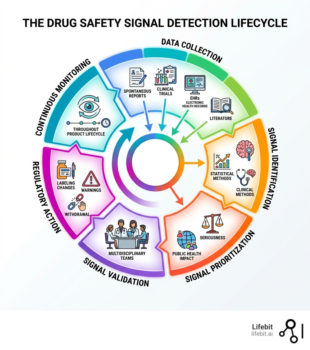 Infographic showing the drug safety signal detection lifecycle: data collection from spontaneous reports, clinical trials, EHRs, and literature; signal identification through statistical and clinical methods; signal prioritization based on seriousness and public health impact; signal validation by multidisciplinary teams; regulatory action including labeling changes, warnings, or withdrawal; and continuous monitoring throughout a product's lifecycle - drug safety signal detection infographic 