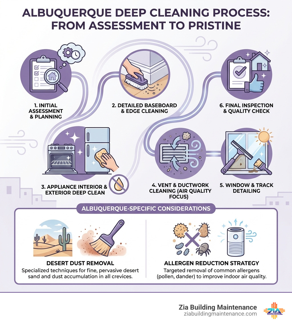 infographic showing the deep cleaning process from initial assessment through detailed cleaning of baseboards, appliances, vents, windows, and final inspection, with sections highlighting Albuquerque-specific considerations like desert dust removal and allergen reduction - deep cleaning services albuquerque infographic infographic showing the deep cleaning process from initial assessment through detailed cleaning of baseboards, appliances, vents, windows, and final inspection, with sections highlighting Albuquerque-specific considerations like desert dust removal and allergen reduction - deep cleaning services albuquerque infographic