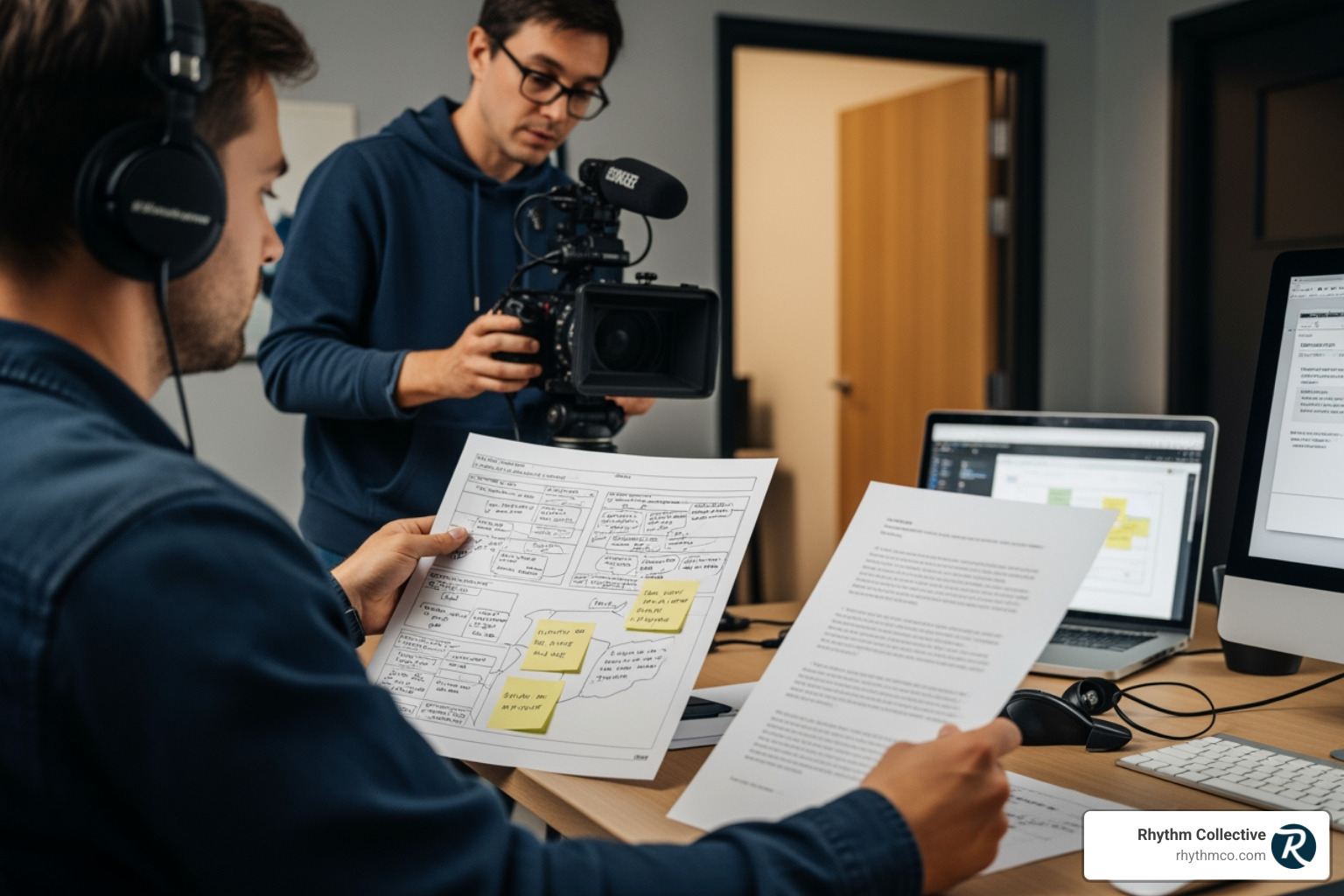 A professional crew member looking at a detailed storyboard and script during a production meeting - creative video production A professional crew member looking at a detailed storyboard and script during a production meeting - creative video production