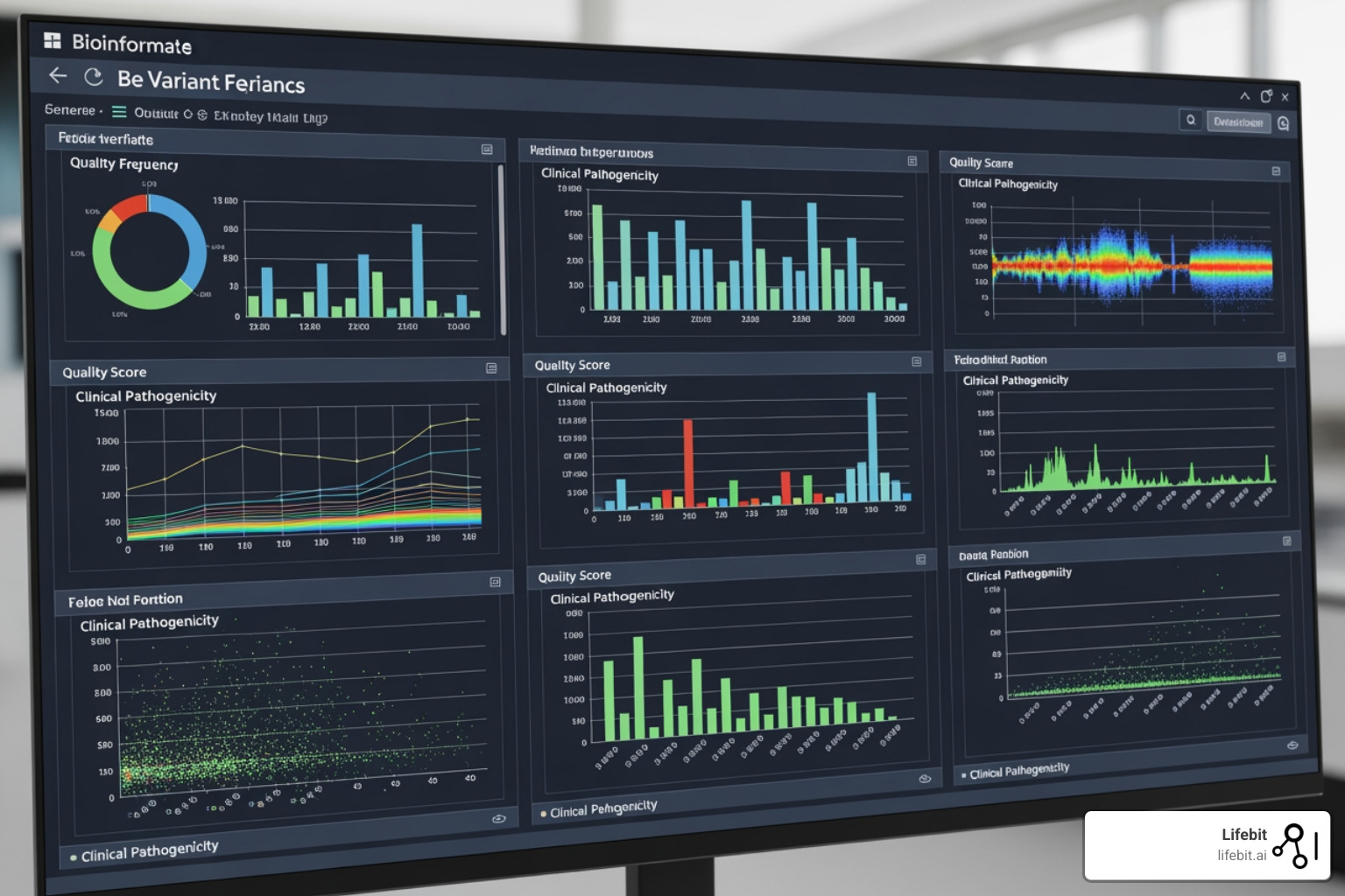 Bioinformatics data visualization dashboard showing variant frequencies, quality scores, and clinical pathogenicity classifications - Clinical genomics platform